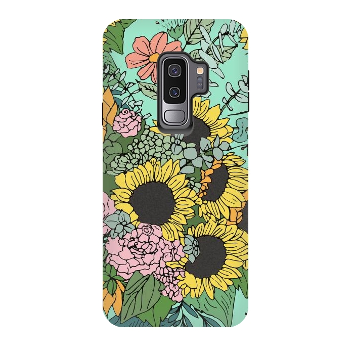 Galaxy S9 plus StrongFit Trendy yellow sunflowers and pink roses mint design by InovArts