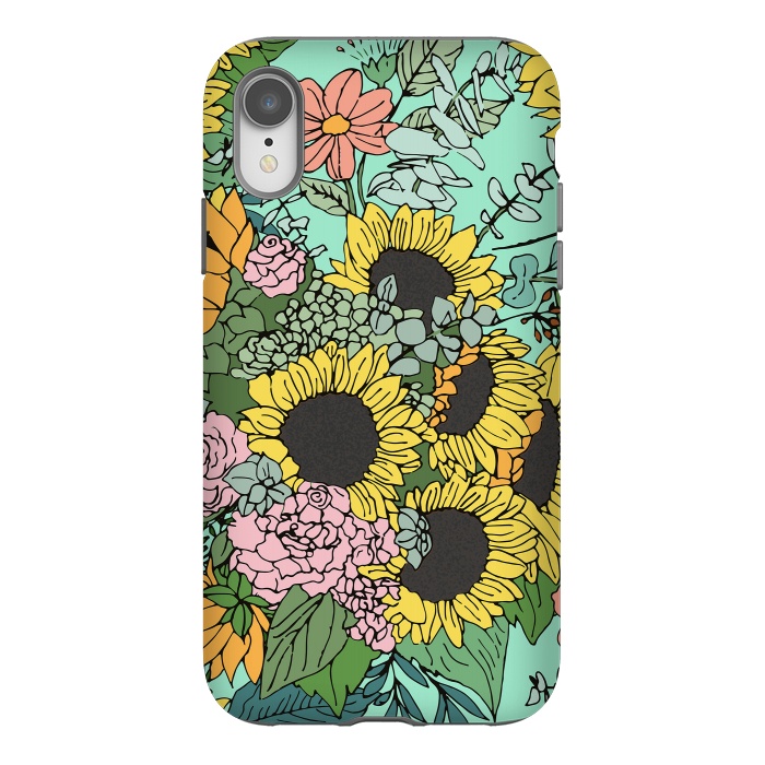 iPhone Xr StrongFit Trendy yellow sunflowers and pink roses mint design by InovArts