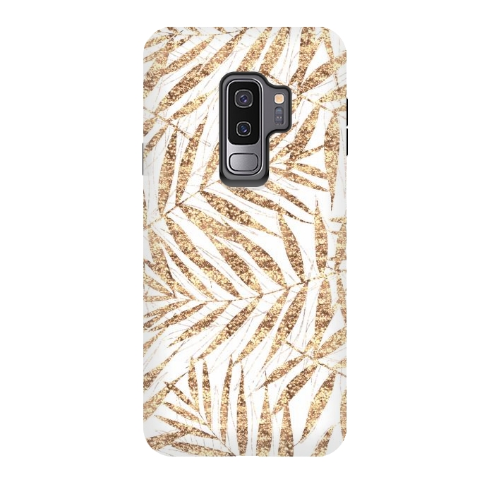 Galaxy S9 plus StrongFit Elegant golden tropical palm leaves design by InovArts
