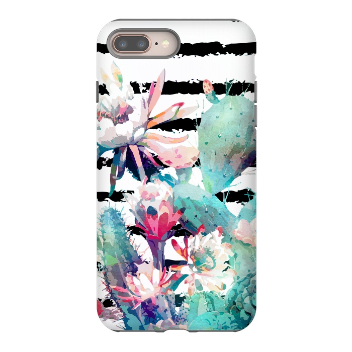 iPhone 7 plus StrongFit Pretty watercolor cactus floral and stripes design by InovArts