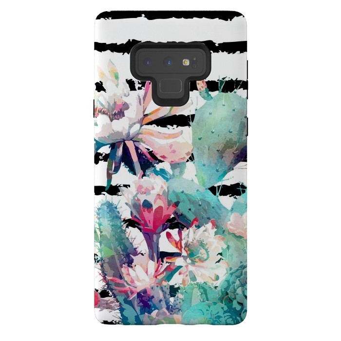 Galaxy Note 9 StrongFit Pretty watercolor cactus floral and stripes design by InovArts
