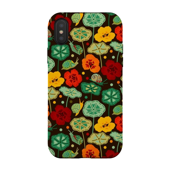 iPhone Xs / X StrongFit Nasturtiums & Snails On Brown  by Tigatiga