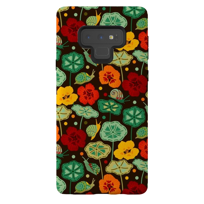 Galaxy Note 9 StrongFit Nasturtiums & Snails On Brown  by Tigatiga