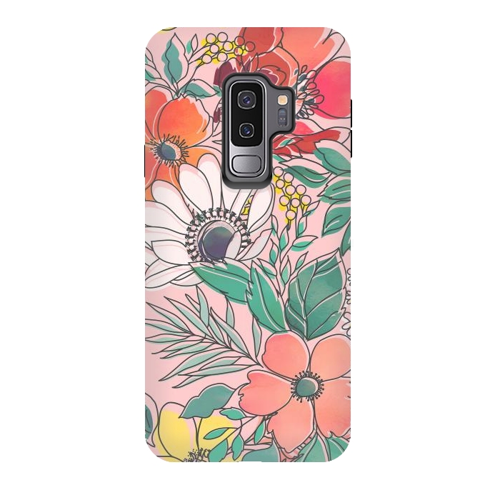 Galaxy S9 plus StrongFit Cute girly pink floral hand drawn design by InovArts
