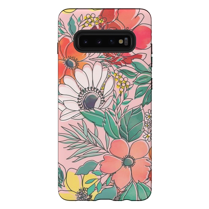 Galaxy S10 plus StrongFit Cute girly pink floral hand drawn design by InovArts