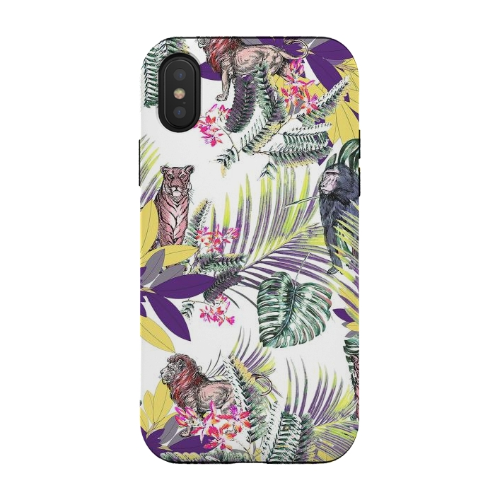 iPhone Xs / X StrongFit Colorful jungle leaves and wild animals pattern by Oana 