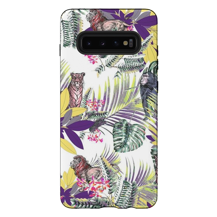 Galaxy S10 plus StrongFit Colorful jungle leaves and wild animals pattern by Oana 