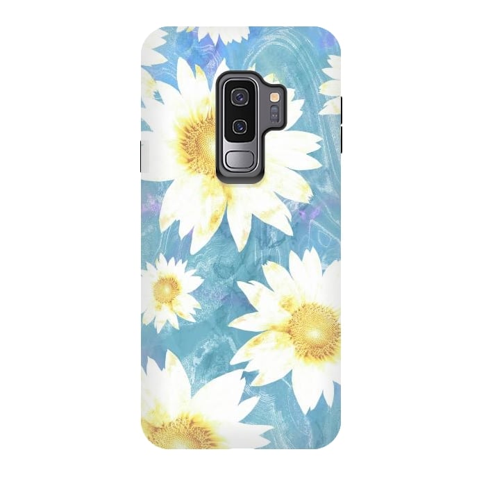 Galaxy S9 plus StrongFit White sunflowers on baby blue marble by Oana 