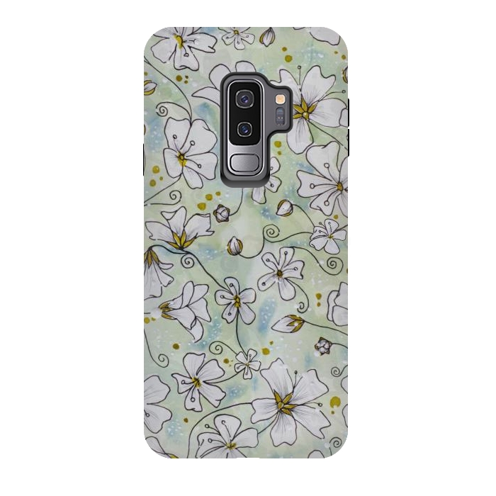 Galaxy S9 plus StrongFit Pretty White Flowers on Watercolour by Paula Ohreen