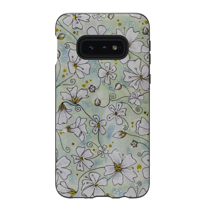 Galaxy S10e StrongFit Pretty White Flowers on Watercolour by Paula Ohreen