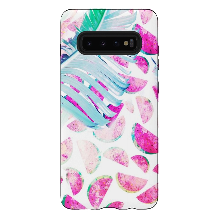 Galaxy S10 plus StrongFit Grungy watermelon and bana leaf pattern by Oana 