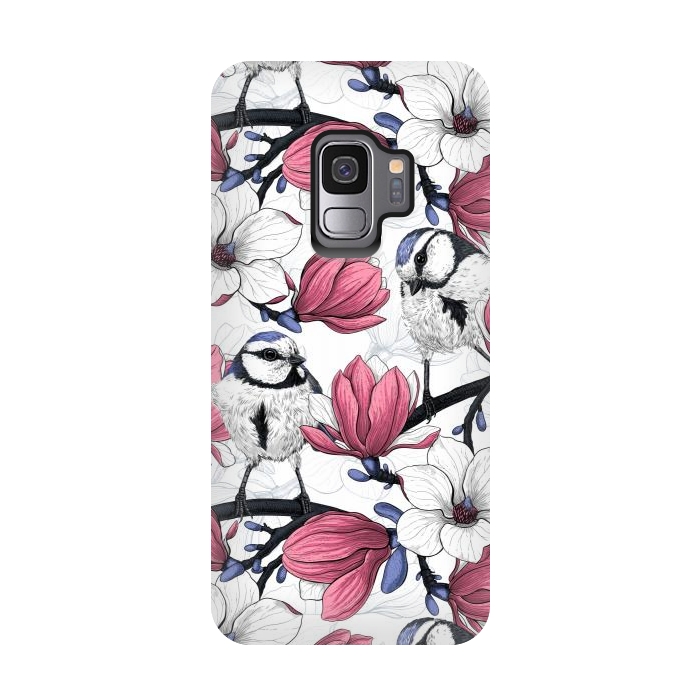 Galaxy S9 StrongFit Pink magnolia and blue tit birds by Katerina Kirilova