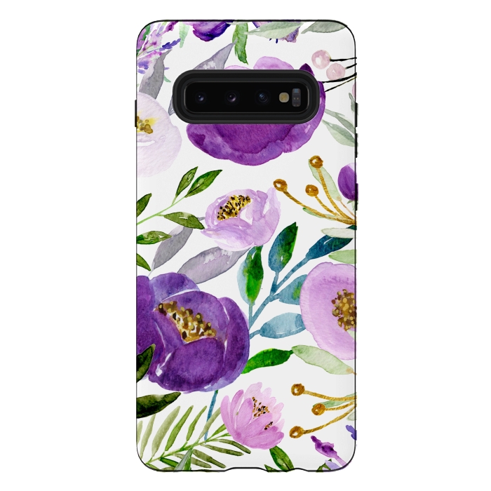 Galaxy S10 plus StrongFit Whimsical Ultraviolet and Gold Florals by Allgirls Studio
