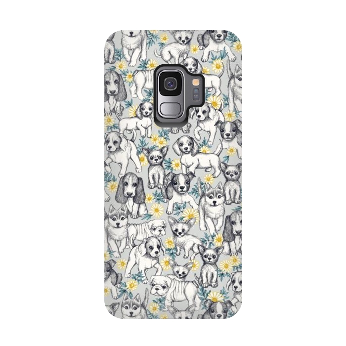 Galaxy S9 StrongFit Dogs and Daisies on Grey by Micklyn Le Feuvre