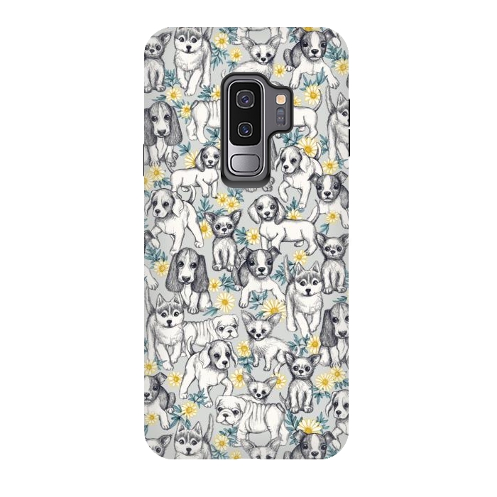 Galaxy S9 plus StrongFit Dogs and Daisies on Grey by Micklyn Le Feuvre