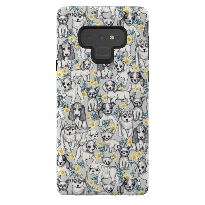 Galaxy Note 9 StrongFit Dogs and Daisies on Grey by Micklyn Le Feuvre