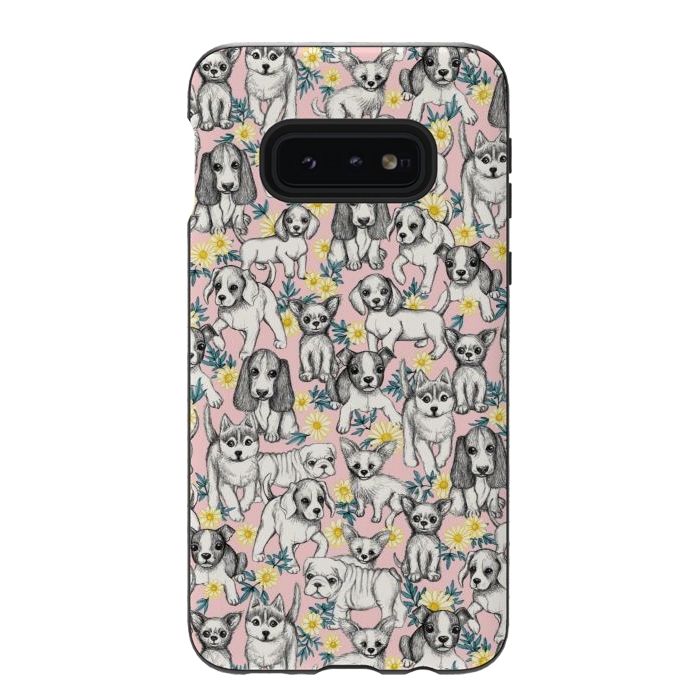 Galaxy S10e StrongFit Dogs and Daisies on Pink by Micklyn Le Feuvre