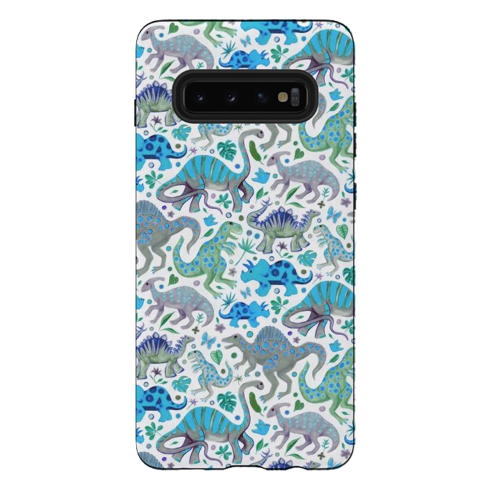 Galaxy S10 plus StrongFit Happy Dinos in blue and green by Micklyn Le Feuvre
