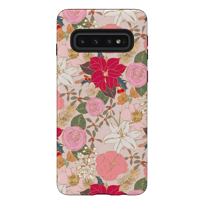 Galaxy S10 StrongFit Elegant Golden Strokes Colorful Winter Floral by InovArts