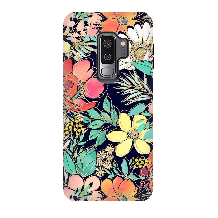 Galaxy S9 plus StrongFit Cute girly pink floral golden strokes design by InovArts