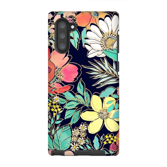 Galaxy Note 10 StrongFit Cute girly pink floral golden strokes design by InovArts