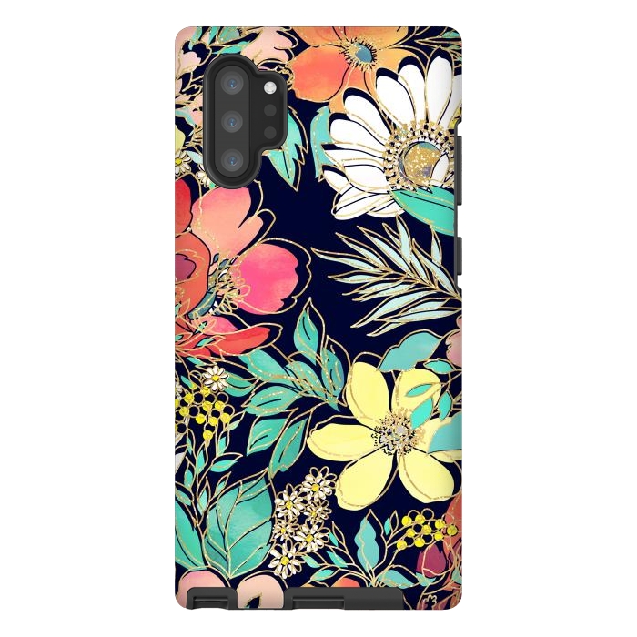 Galaxy Note 10 plus StrongFit Cute girly pink floral golden strokes design by InovArts