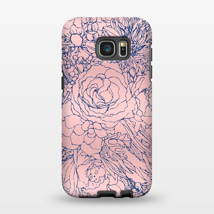 Galaxy S7 EDGE StrongFit Stylish Metallic Navy Blue and Pink Floral Design by InovArts