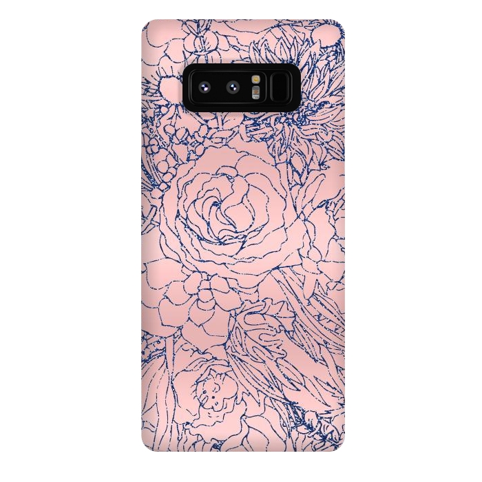 Galaxy Note 8 StrongFit Stylish Metallic Navy Blue and Pink Floral Design by InovArts