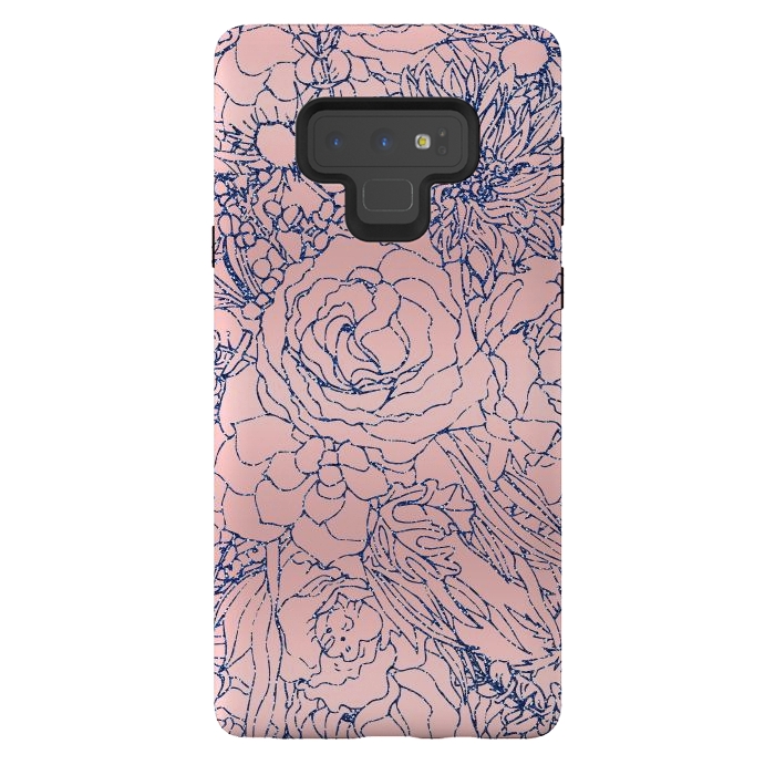 Galaxy Note 9 StrongFit Stylish Metallic Navy Blue and Pink Floral Design by InovArts