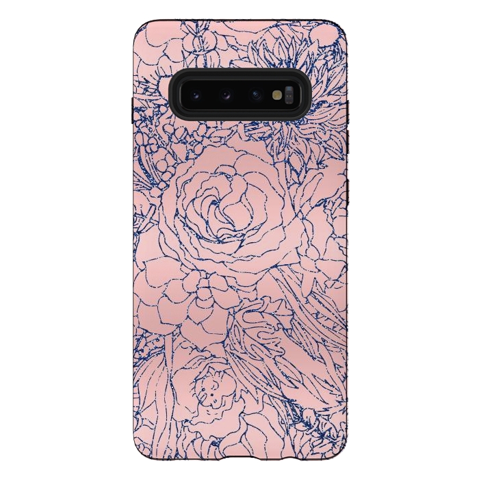 Galaxy S10 plus StrongFit Stylish Metallic Navy Blue and Pink Floral Design by InovArts