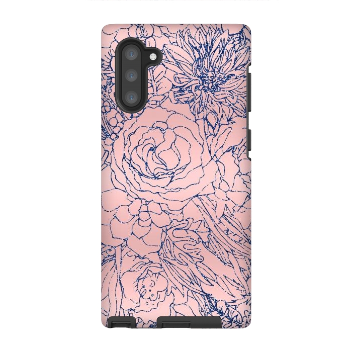 Galaxy Note 10 StrongFit Stylish Metallic Navy Blue and Pink Floral Design by InovArts
