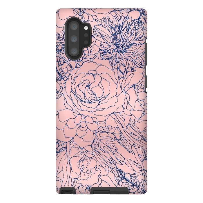 Galaxy Note 10 plus StrongFit Stylish Metallic Navy Blue and Pink Floral Design by InovArts
