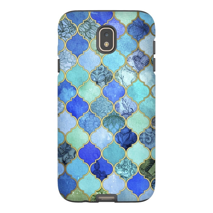 Galaxy J7 StrongFit Cobalt Blue Aqua and Gold Decorative Moroccan Tile Pattern by Micklyn Le Feuvre