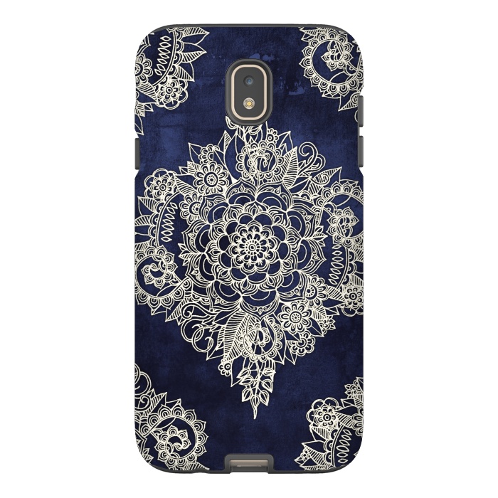Galaxy J7 StrongFit Cream Floral Moroccan Pattern on Deep Indigo Ink by Micklyn Le Feuvre