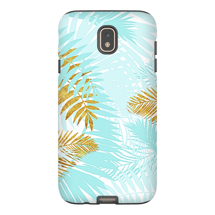 Galaxy J7 StrongFit Teal and Gold Palm Leaves by  Utart