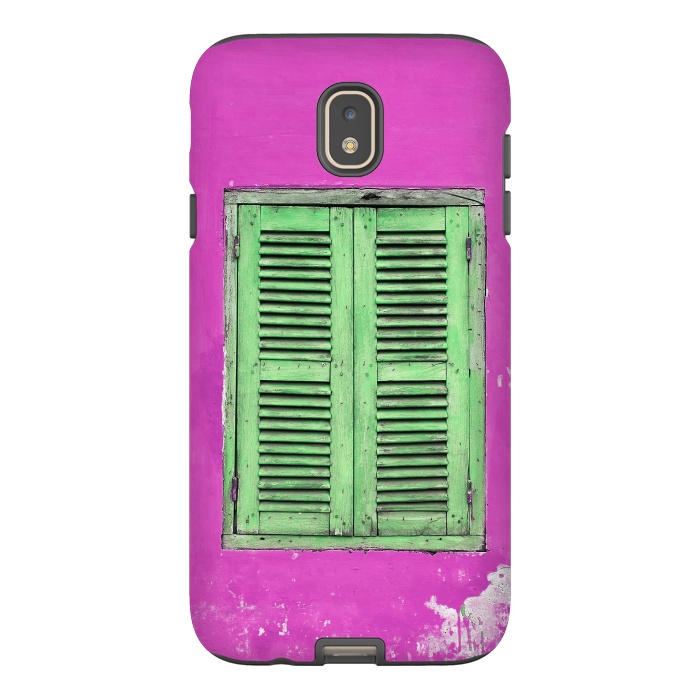 Galaxy J7 StrongFit Turquoise Green Shutters In Pink Wall by Andrea Haase