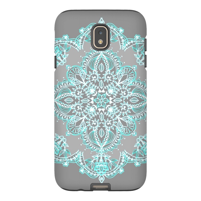 Galaxy J7 StrongFit Teal and Aqua Lace Mandala on Grey  by Micklyn Le Feuvre