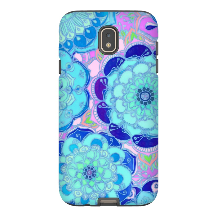 Galaxy J7 StrongFit Radiant Cyan & Purple Stained Glass Floral Mandalas by Micklyn Le Feuvre