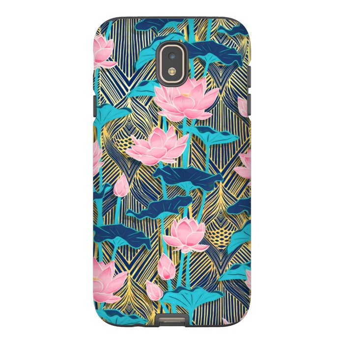 Galaxy J7 StrongFit Art Deco Lotus Flowers in Pink & Navy by Micklyn Le Feuvre