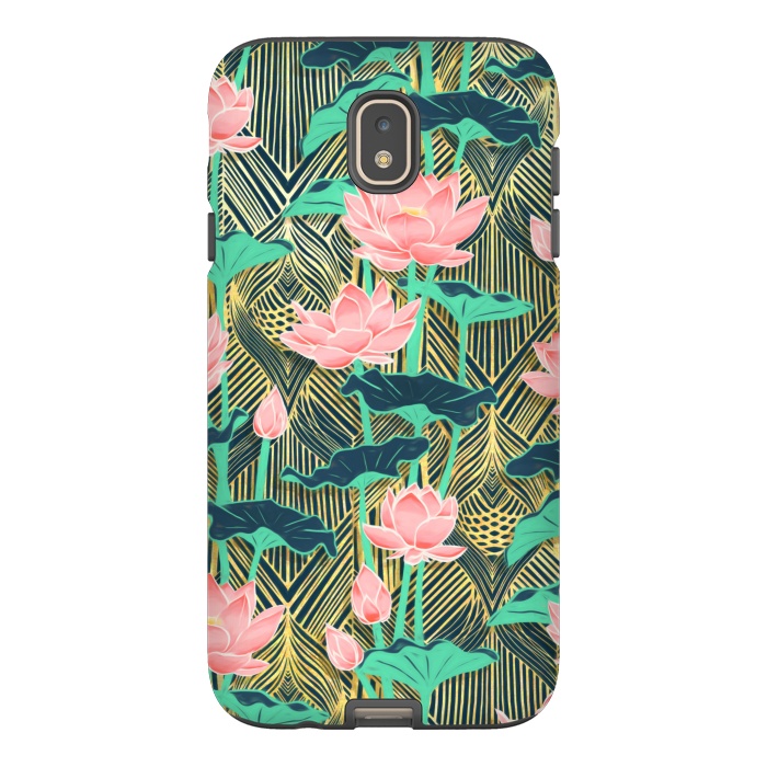 Galaxy J7 StrongFit Art Deco Lotus Flowers in Peach & Emerald by Micklyn Le Feuvre