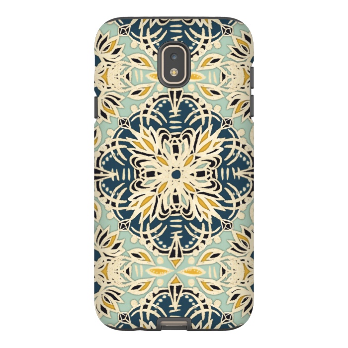 Galaxy J7 StrongFit Protea Pattern in Deep Teal, Cream, Sage Green & Yellow Ocher by Micklyn Le Feuvre