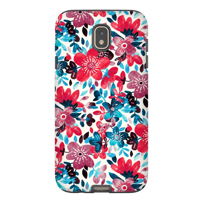 Galaxy J7 StrongFit Cheerful Red and Blue Floral Pattern by Micklyn Le Feuvre