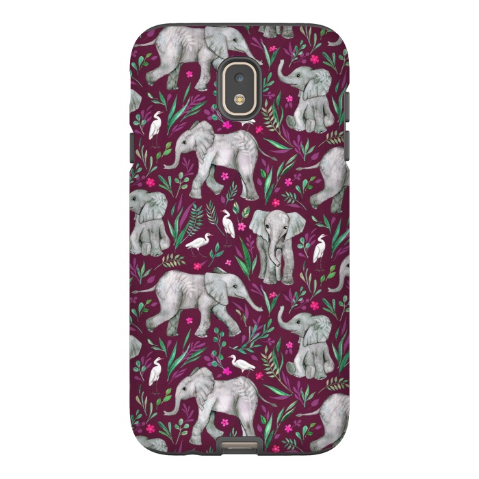 Galaxy J7 StrongFit Little Watercolor Elephants and Egrets on Burgundy Red by Micklyn Le Feuvre