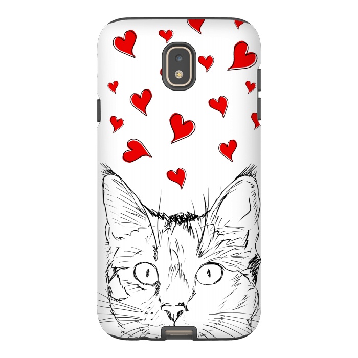 Galaxy J7 StrongFit Cute line art cat and red hearts by Oana 