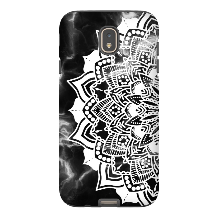 Galaxy J7 StrongFit White floral line art mandala on black marble by Oana 