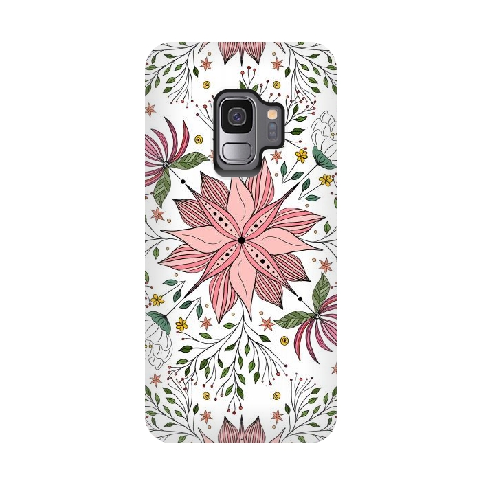Galaxy S9 StrongFit Cute Vintage Pink Floral Doodles Tile Art by InovArts