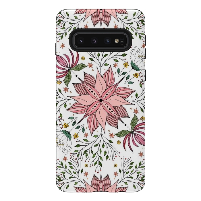 Galaxy S10 StrongFit Cute Vintage Pink Floral Doodles Tile Art by InovArts