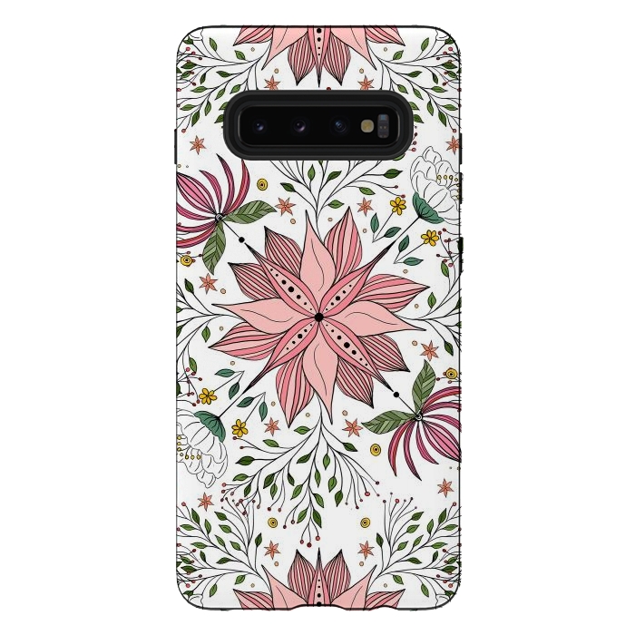 Galaxy S10 plus StrongFit Cute Vintage Pink Floral Doodles Tile Art by InovArts