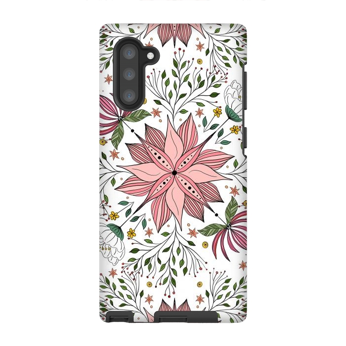 Galaxy Note 10 StrongFit Cute Vintage Pink Floral Doodles Tile Art by InovArts