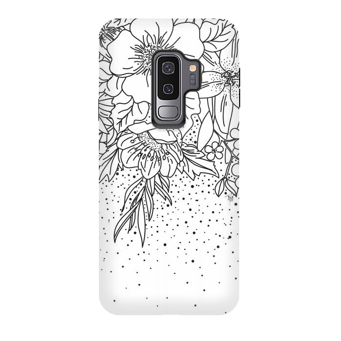 Galaxy S9 plus StrongFit Cute Black White floral doodles and confetti design by InovArts